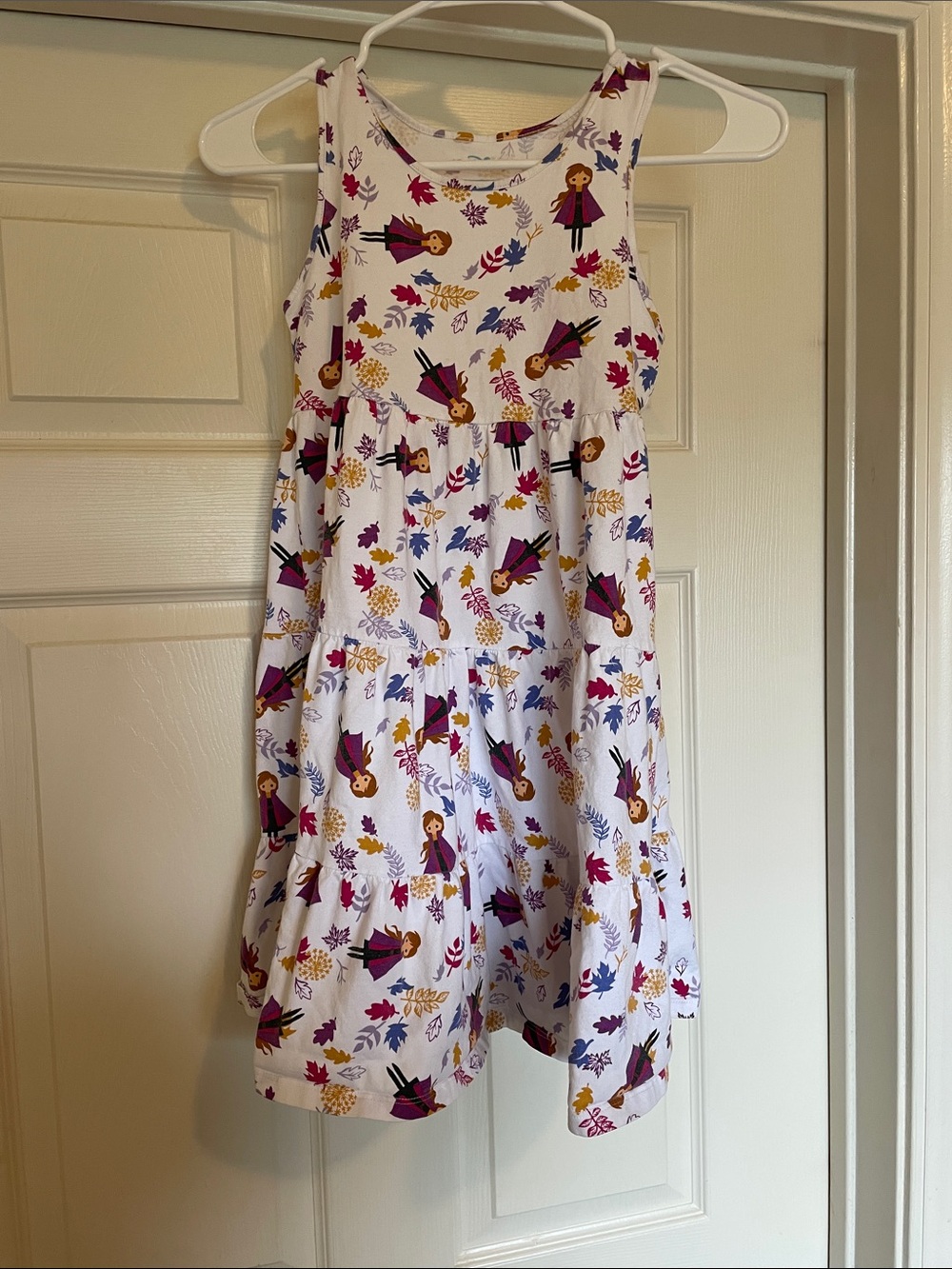 Disney Frozen 2 Anna White Dress with Purple and Mustard Leaf Print